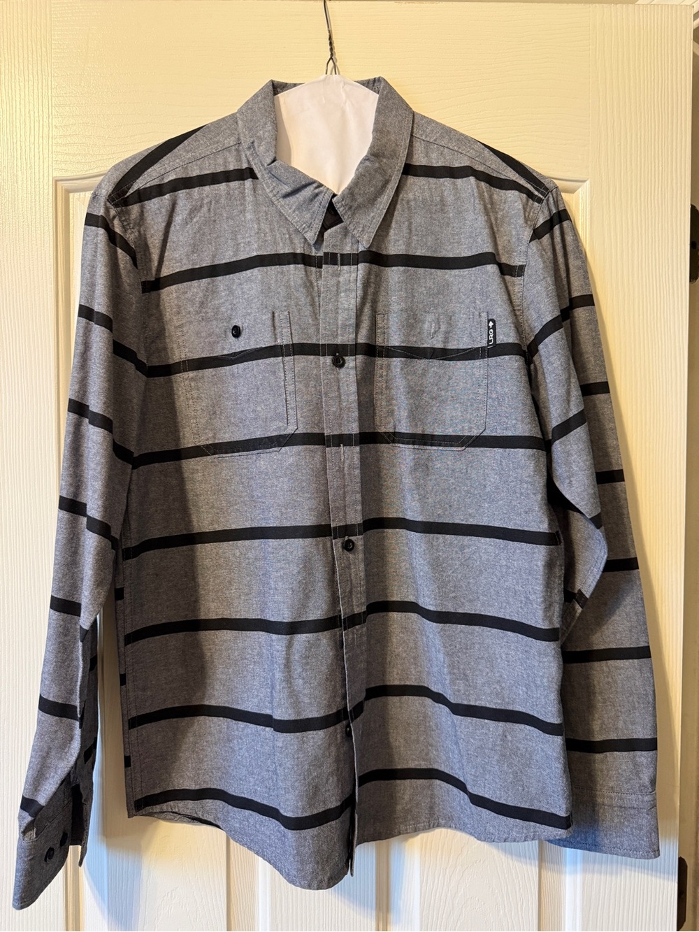 Men’s Gray Button-Up Shirt with Black Stripes